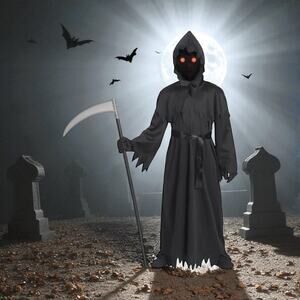 Spooktacular Creations Grim Reaper Costume Glowing Eyes Child's Sz. M 8-10